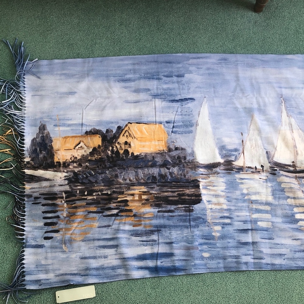 Shawl - Scenic Blue and White Tapestry with Sailboats
